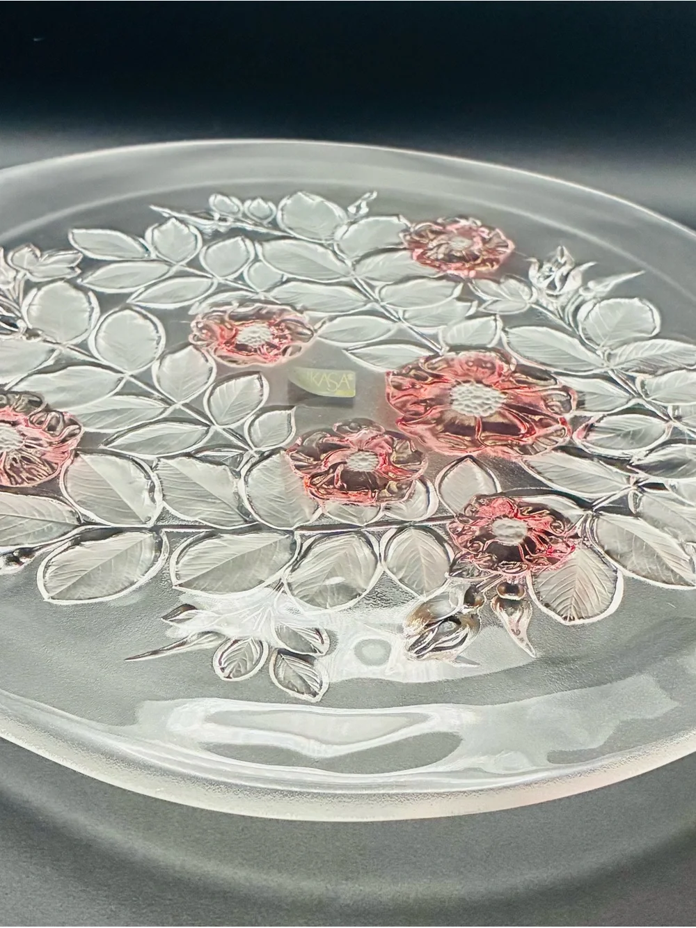 Vintage Mikasa Rosella Walther Pink Glass Platter With Frosted and Pink Flowers